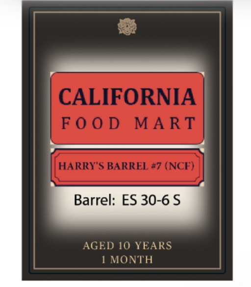 Label for Harry's Barrel #7 at California Food Mart, aged 10 years, showcasing unique bourbon details.