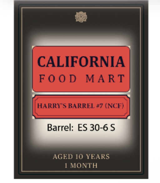 Label for Harry's Barrel #7 at California Food Mart, aged 10 years, showcasing unique bourbon details.
