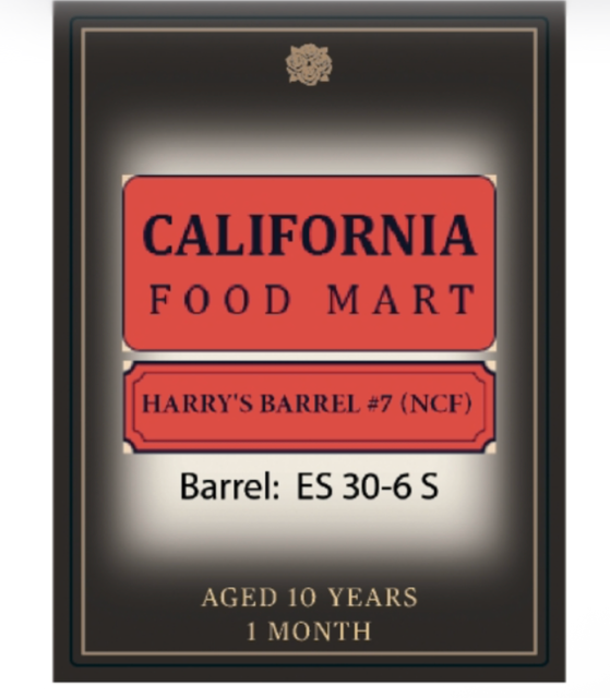 Label for Harry's Barrel #7 at California Food Mart, aged 10 years, showcasing unique bourbon details.