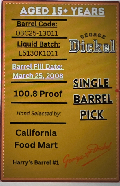 Label for Dickel Whiskey Single Barrel featuring details about the barrel and aging, related to Dickel single barrel whiskey.