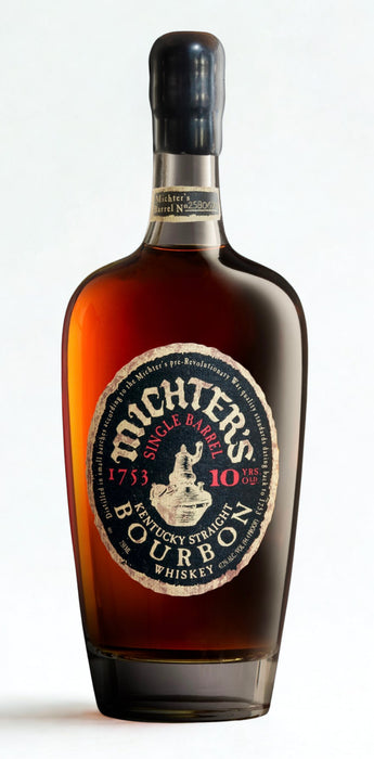 Michter's 10 Year Bourbon single barrel whiskey bottle with elegant label and rich amber color.