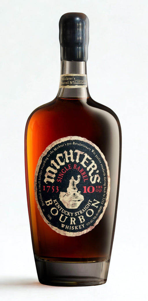 Michter's 10 Year Bourbon single barrel whiskey bottle with elegant label and rich amber color.